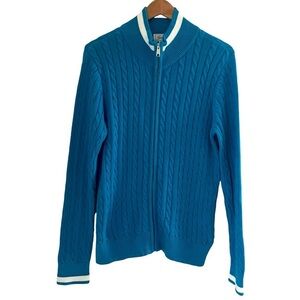 Foxcroft Women XL Blue White Trim Zip Sweater Cable Knit Cardigan Supima Cotton